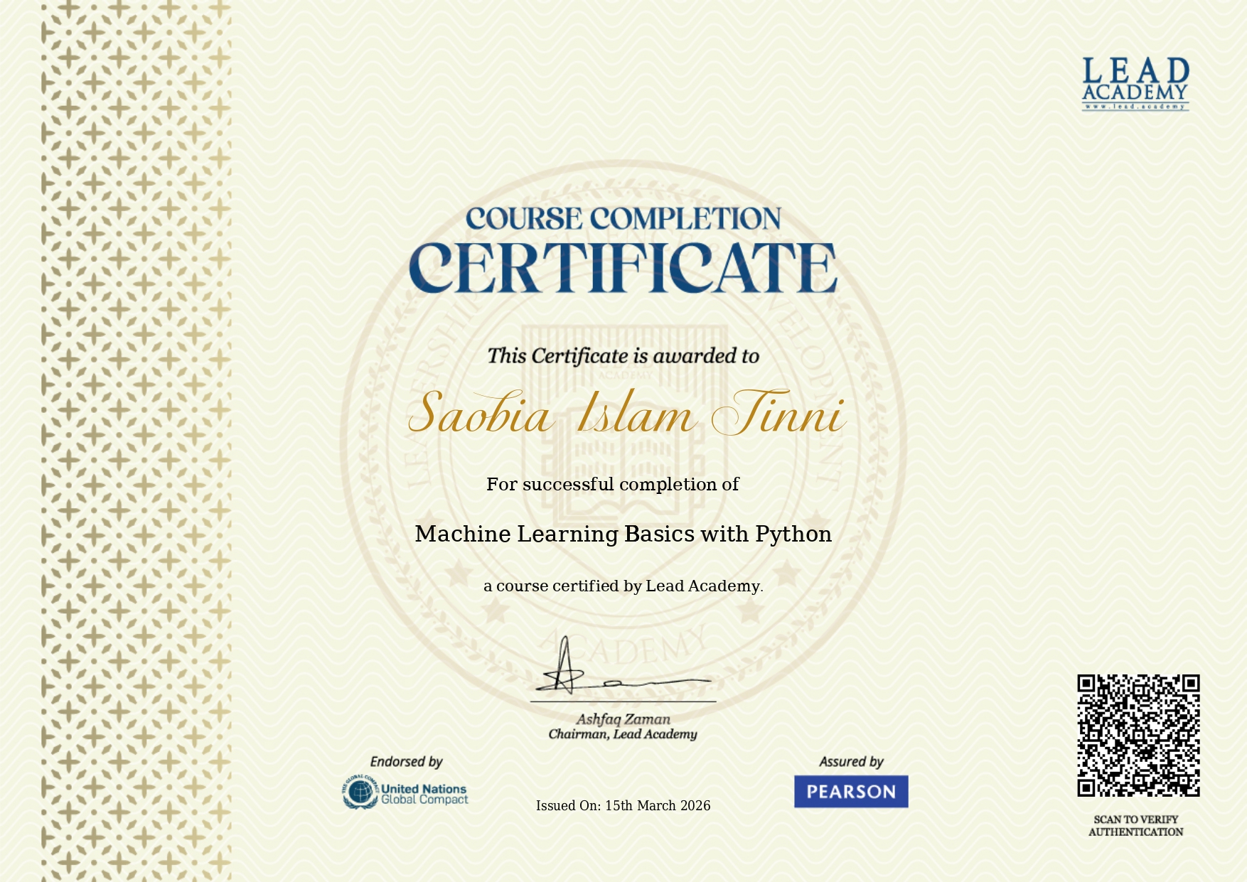 Machine Learning Basics with Python Certificate